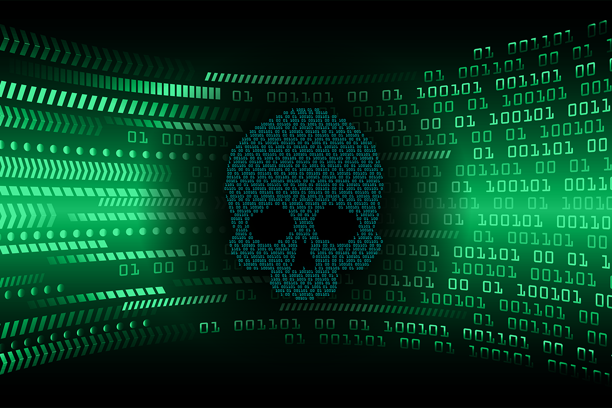 A graphic skull composed of zeroes and ones superimposed over a green computer display