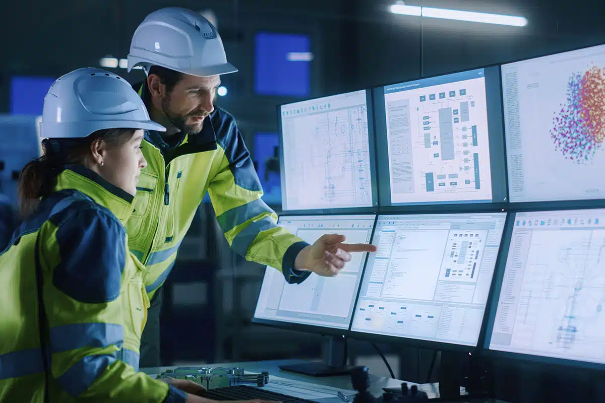 Two facilities engineers, in hardhats and safety jackets, examine a series of computer screens displaying multiple readouts.