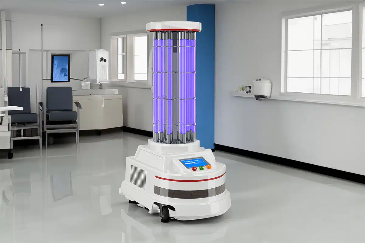 An automated disinfection robot in the middle of a hospital room